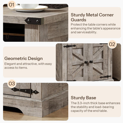 Wooden end table with metal corner guards, geometric design, and thick base on a beige background.