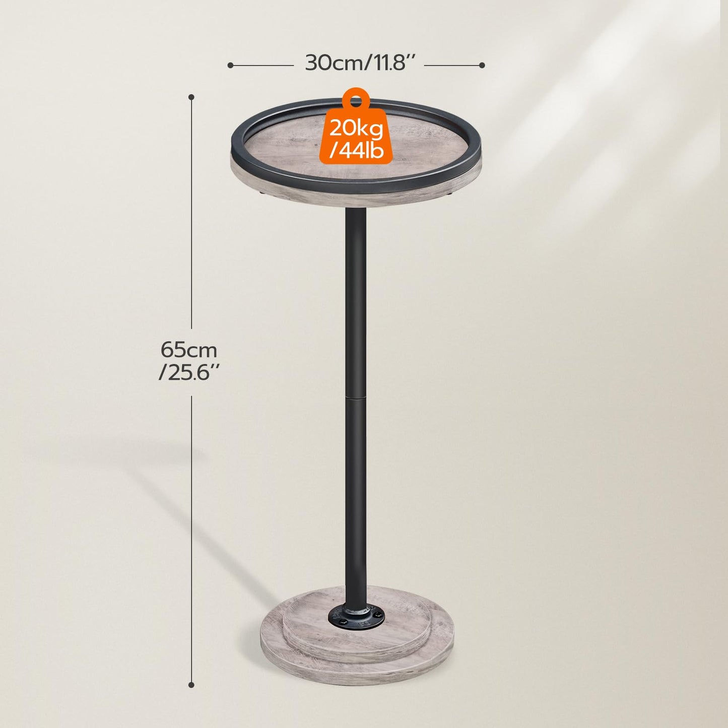 Measurement chart of a round metal stand with concrete base on a light gray background