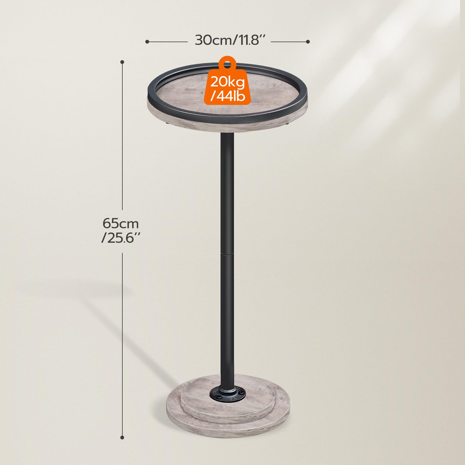 Measurement chart of a round metal stand with concrete base on a light gray background