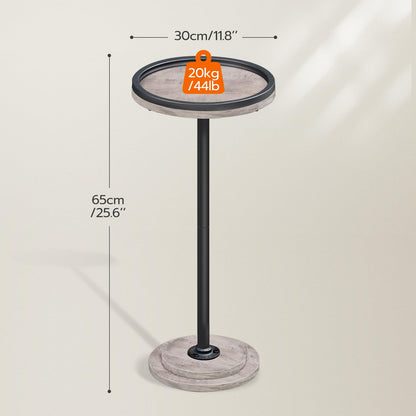 Measurement chart of a round metal stand with concrete base on a light gray background