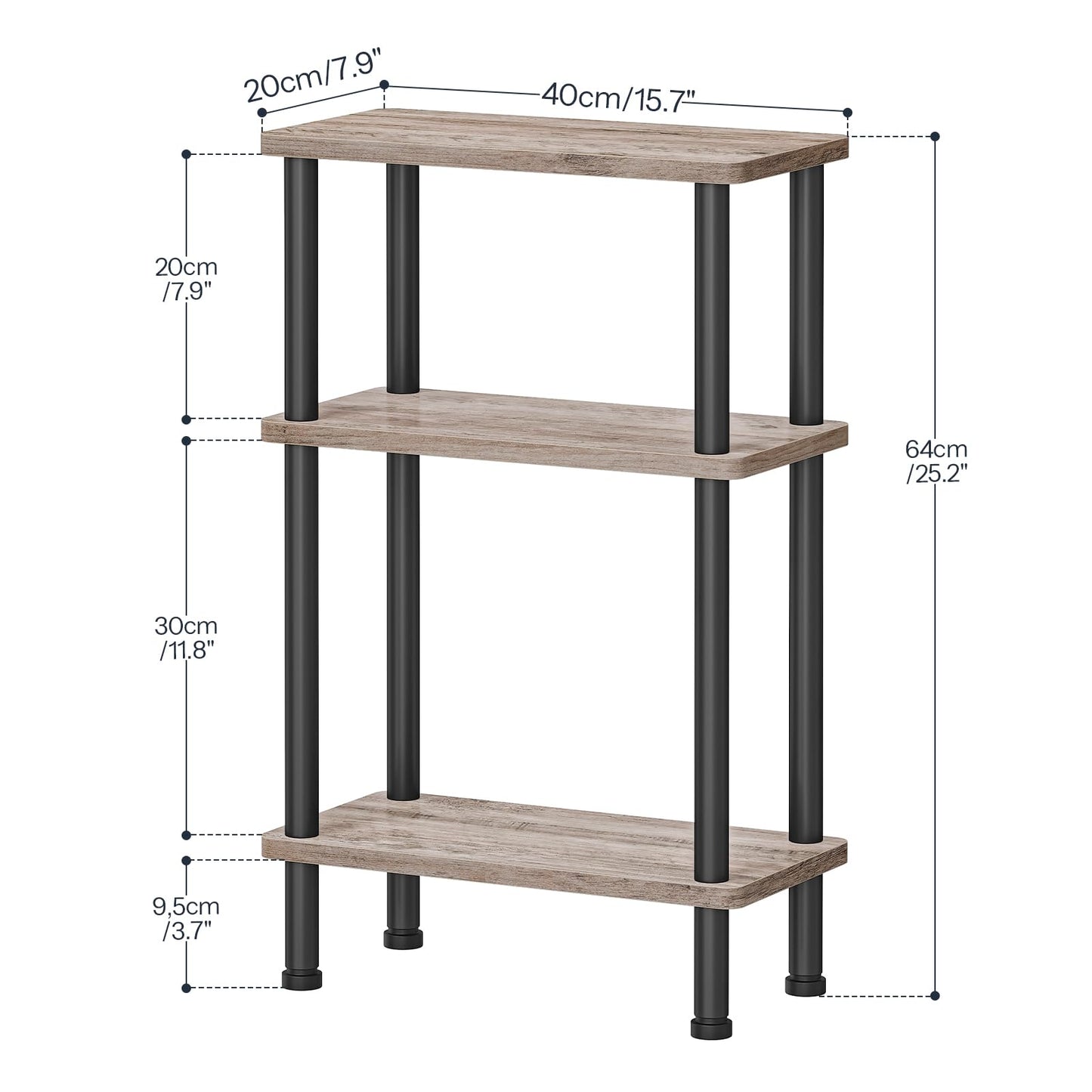 Three-tiered shelf with wooden shelves and black metal legs, shown with dimensions on a white background.