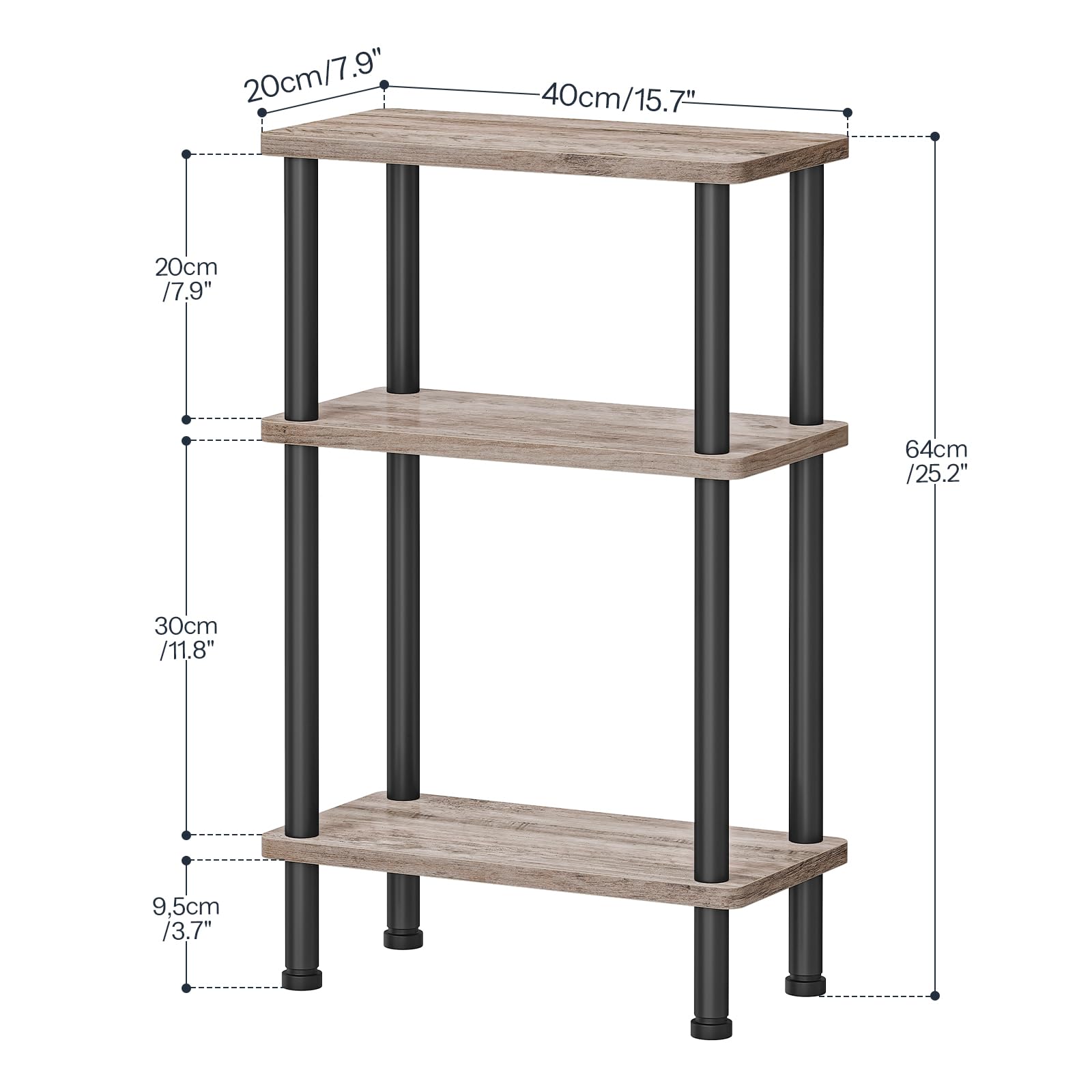 Three-tiered shelf with wooden shelves and black metal legs, shown with dimensions on a white background.