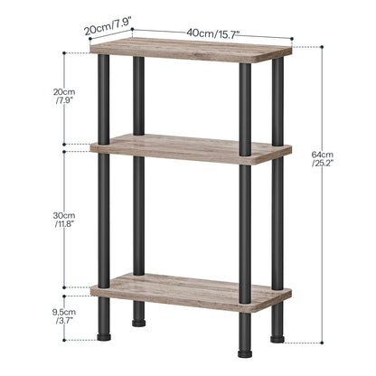 Three-tiered shelf with wooden shelves and black metal legs, shown with dimensions on a white background.