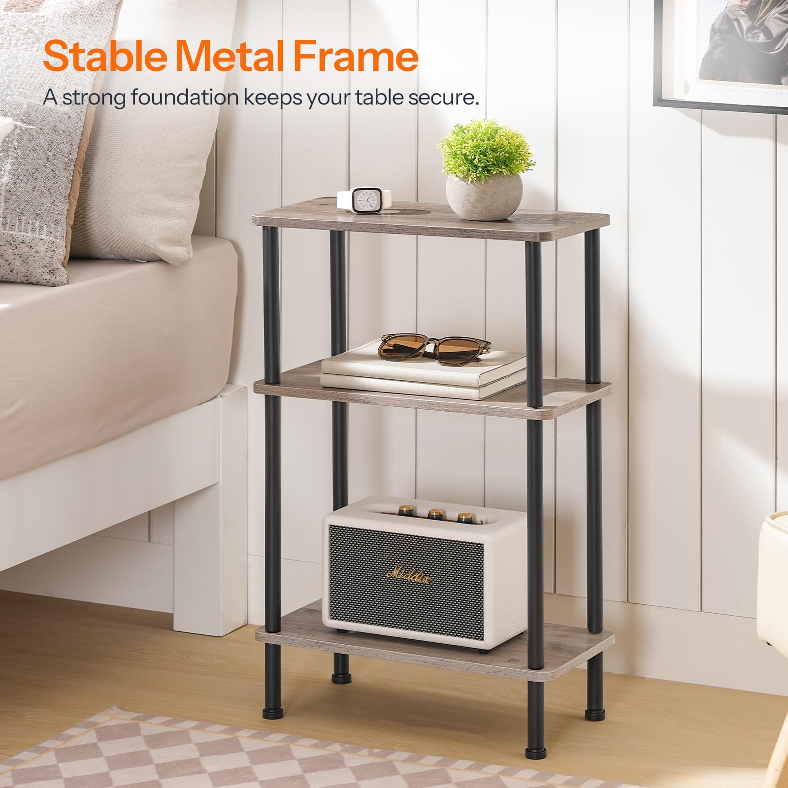 Three-tiered wooden side table with metal legs in a living room setting, featuring a stable metal frame text overlay.