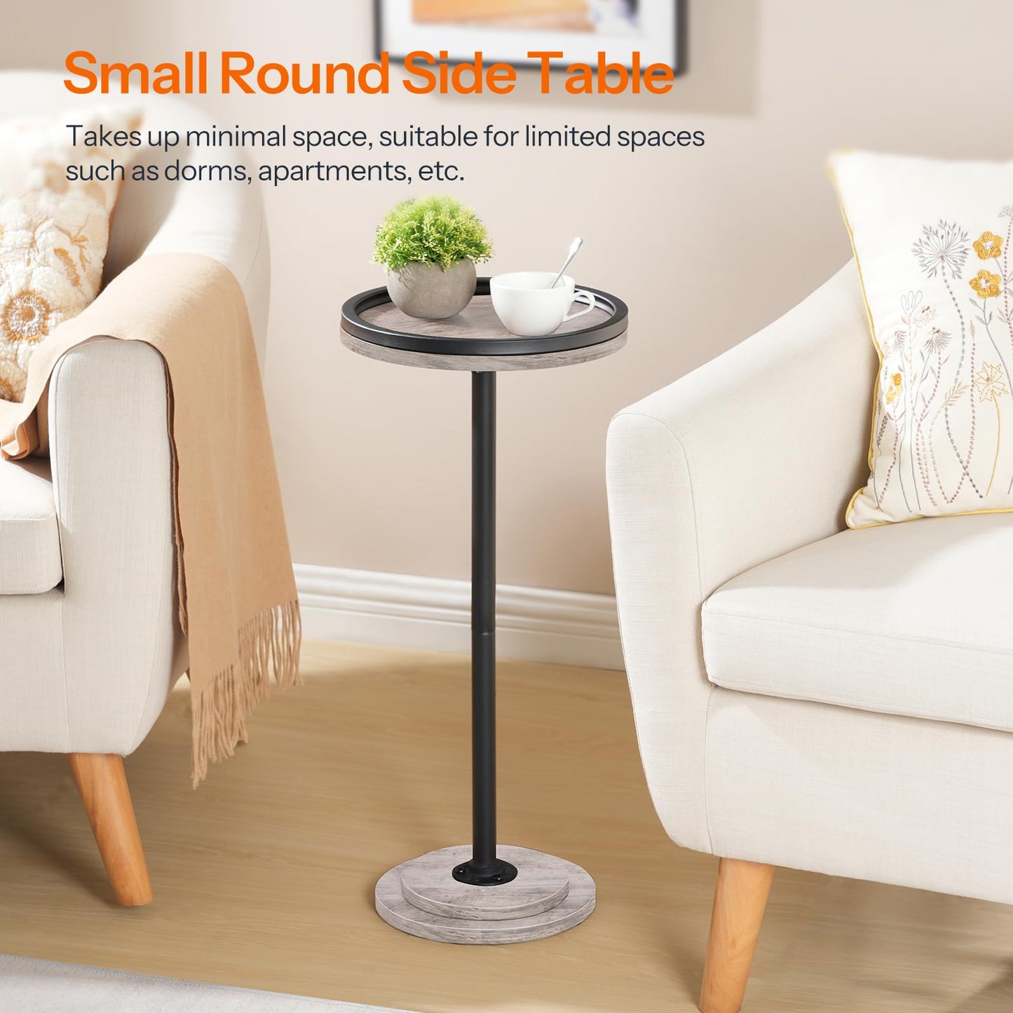 Small round side table in a living room setting with text highlighting its space-saving feature.
