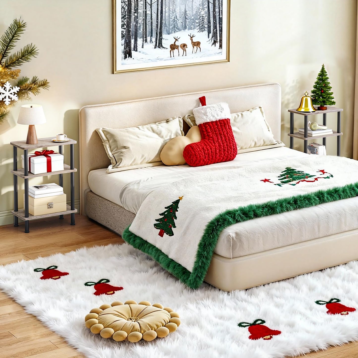 Decorated bedroom with Christmas-themed bedding and stockings, featuring a winter landscape painting on the wall.