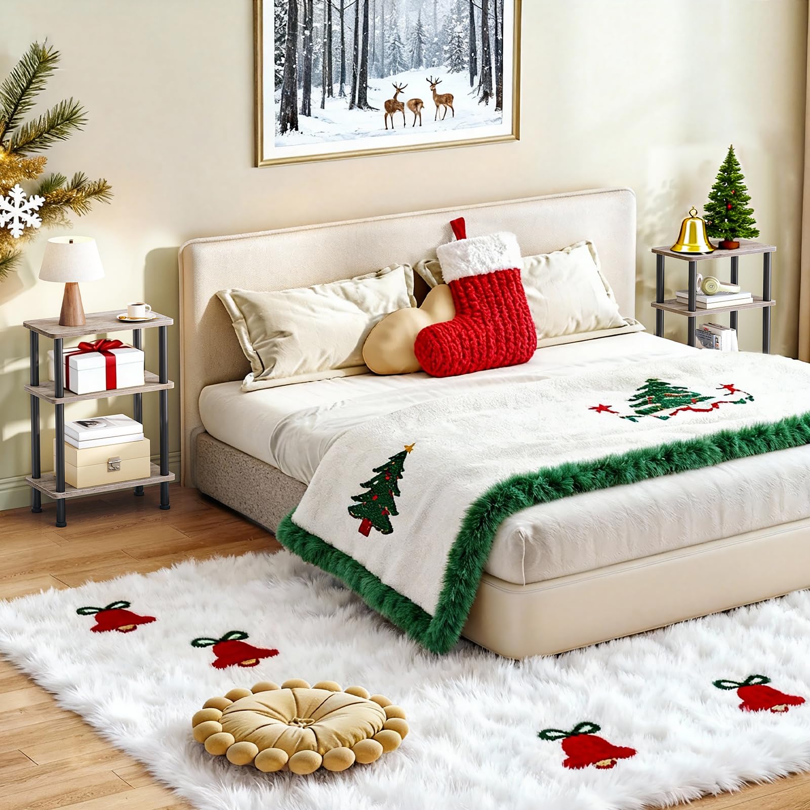 Decorated bedroom with Christmas-themed bedding and stockings, featuring a winter landscape painting on the wall.