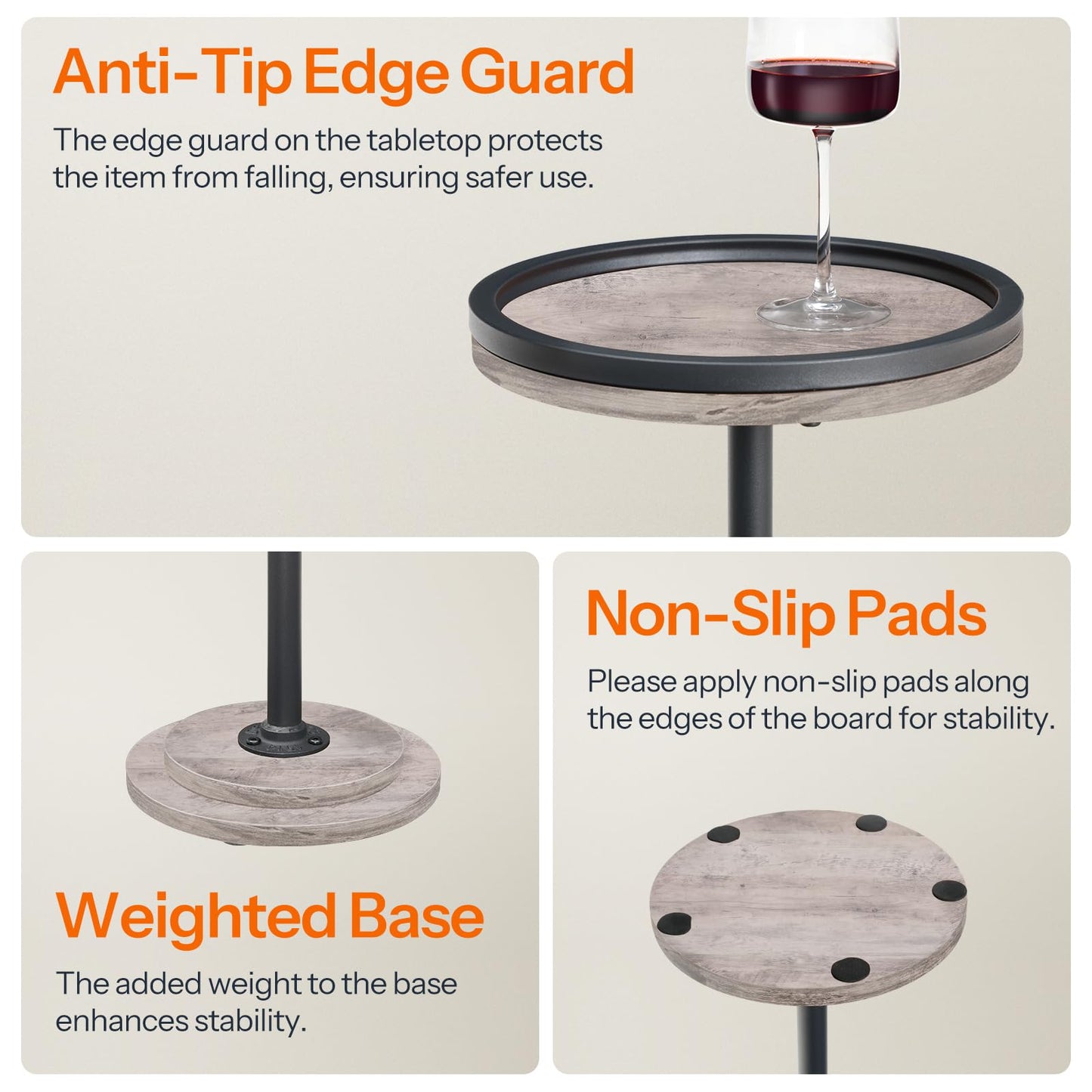 Tabletop with anti-tip edge guard, non-slip pads, and weighted base features.