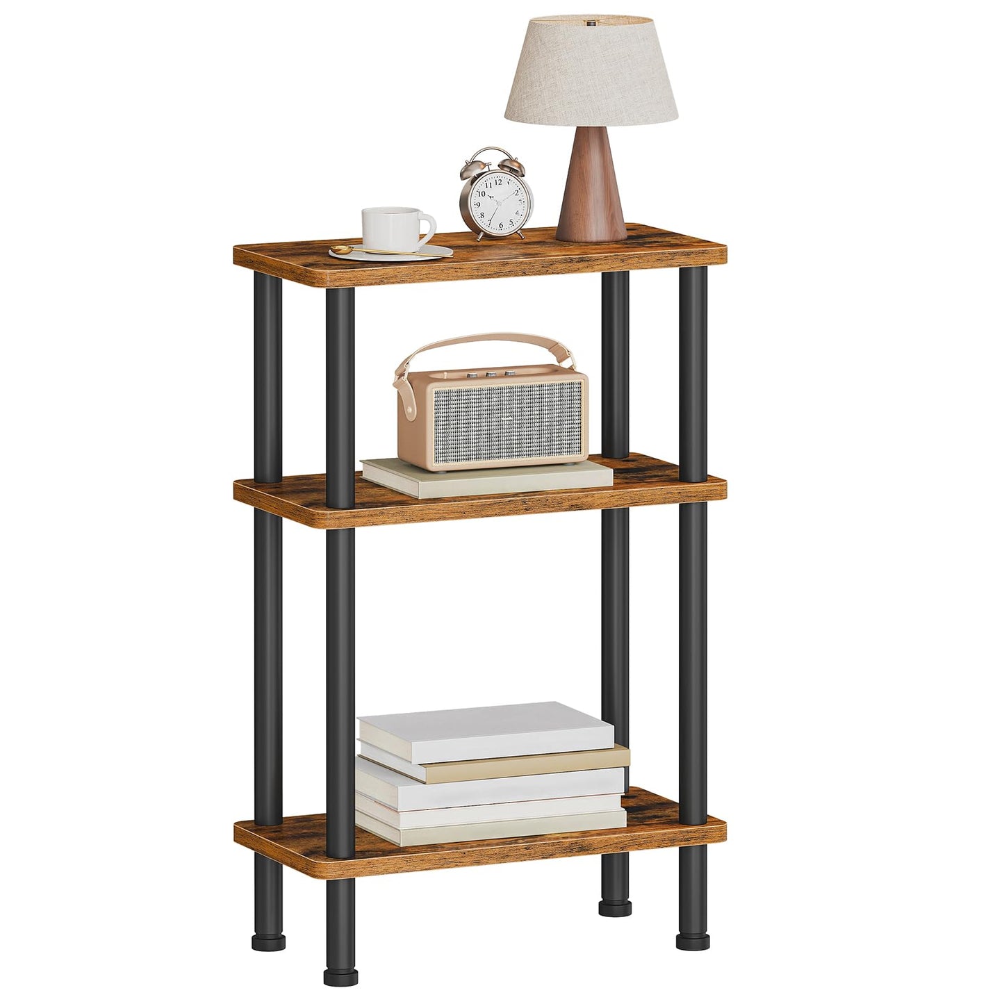 Three-tiered wooden shelf with decorative items on a white background