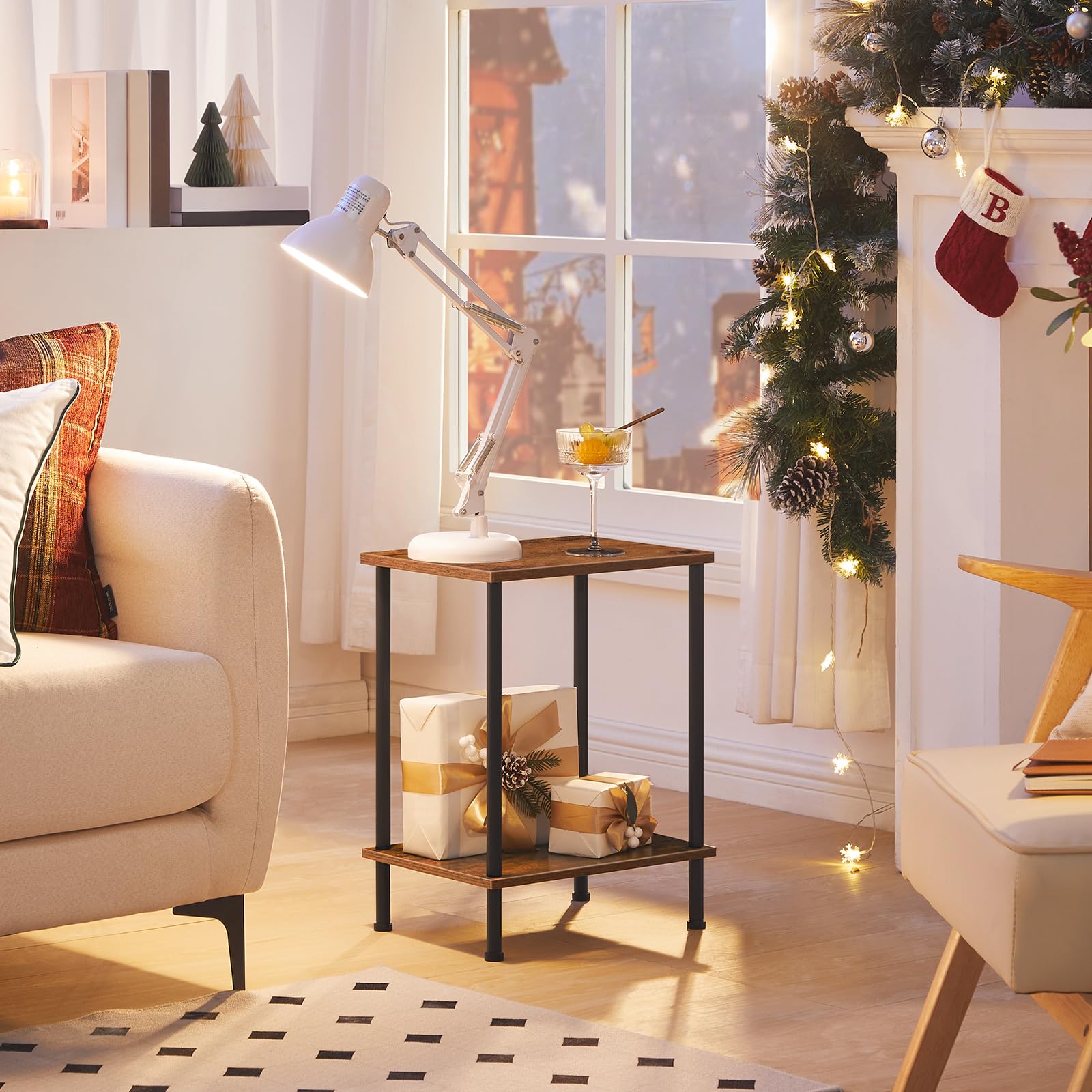 Cozy living room with Christmas decorations, including a tree and stockings, during a snowy evening.