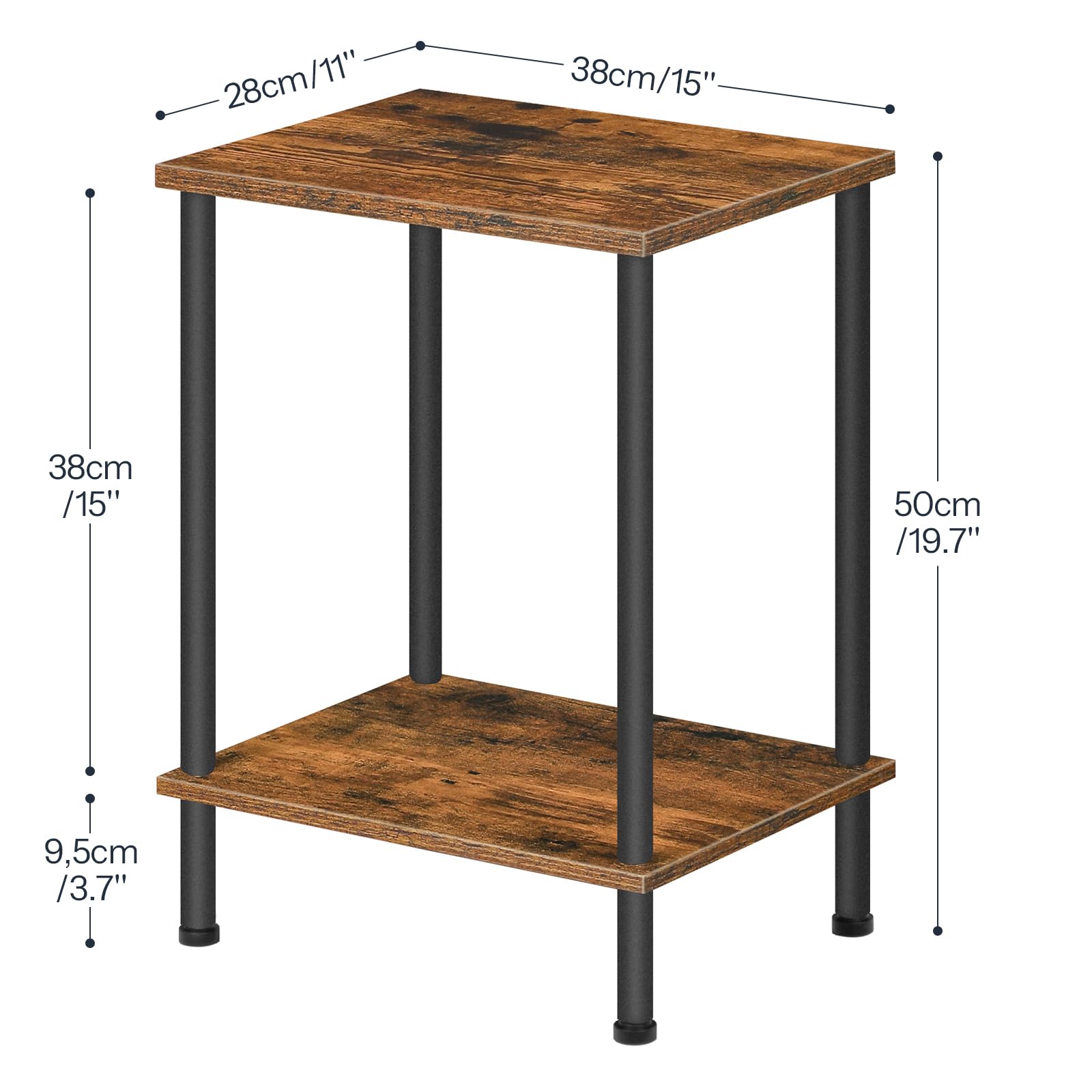 Wooden side table with black metal legs and dimensions labeled