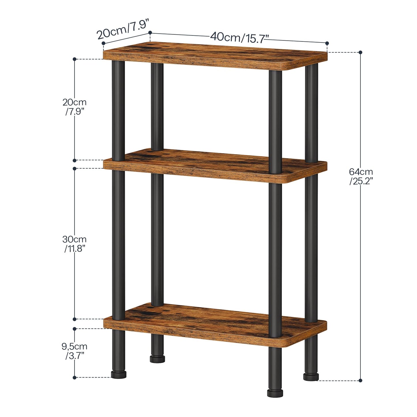 Wooden shelf with black metal legs and dimensions labeled
