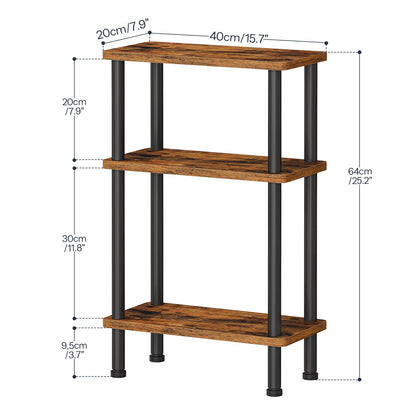 Wooden shelf with black metal legs and dimensions labeled