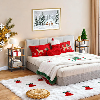 Decorated bedroom with Christmas-themed bedding and wall art