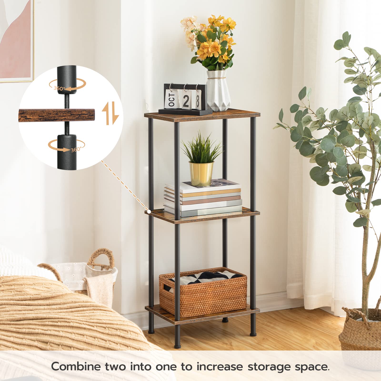 Three-tiered shelf with decorative items in a room setting