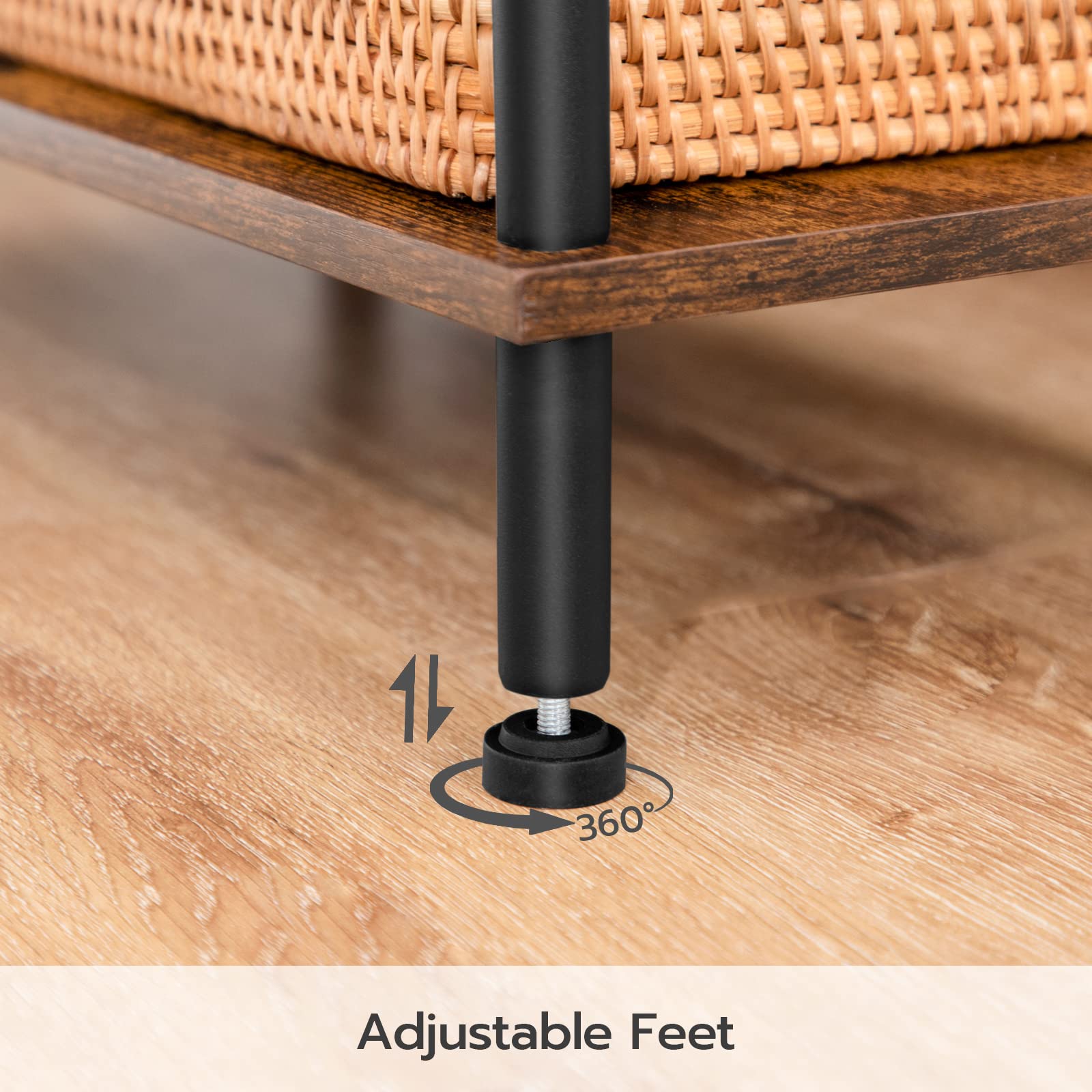 Adjustable foot of a piece of furniture on a wooden floor