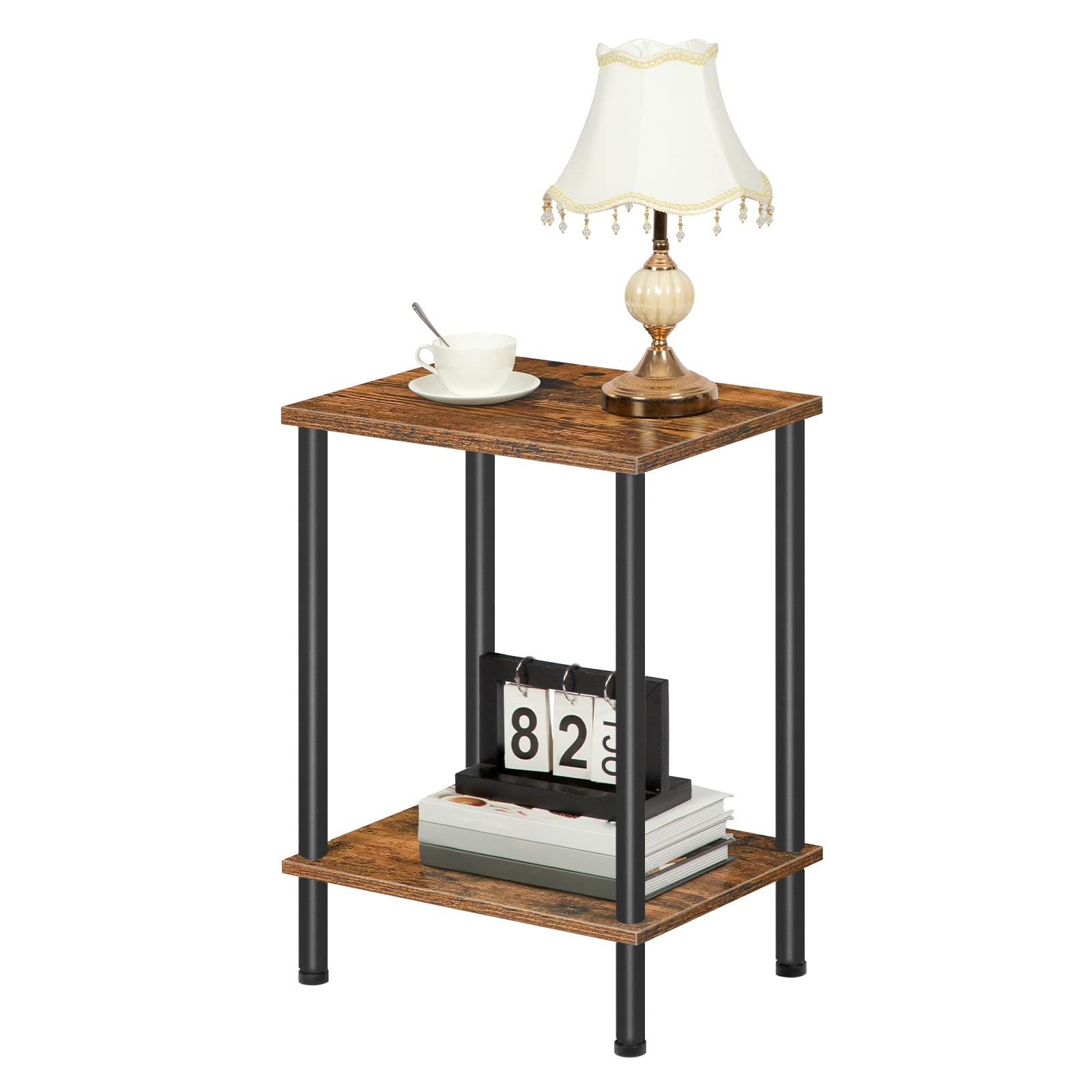 Small wooden side table with a lamp and decorative items on a white background