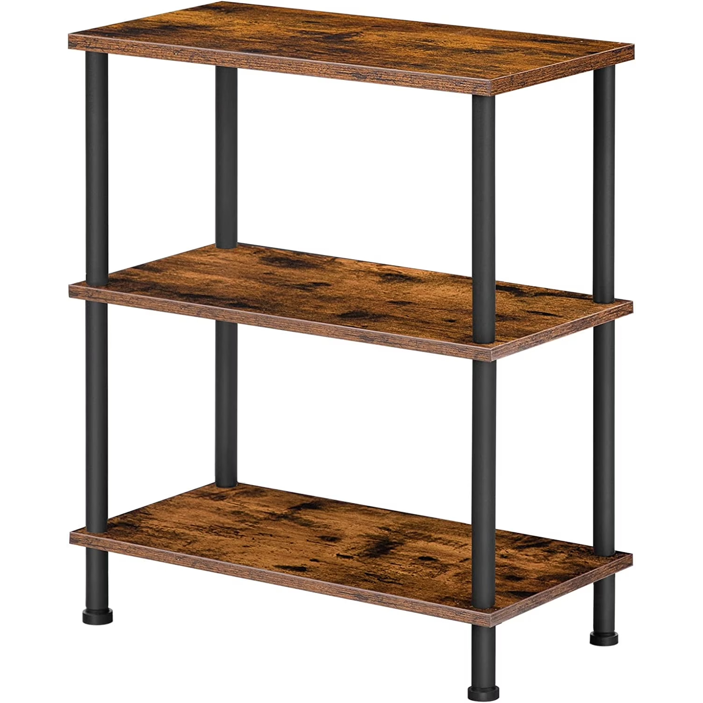 Three-tiered wooden shelf with black metal legs on a white background