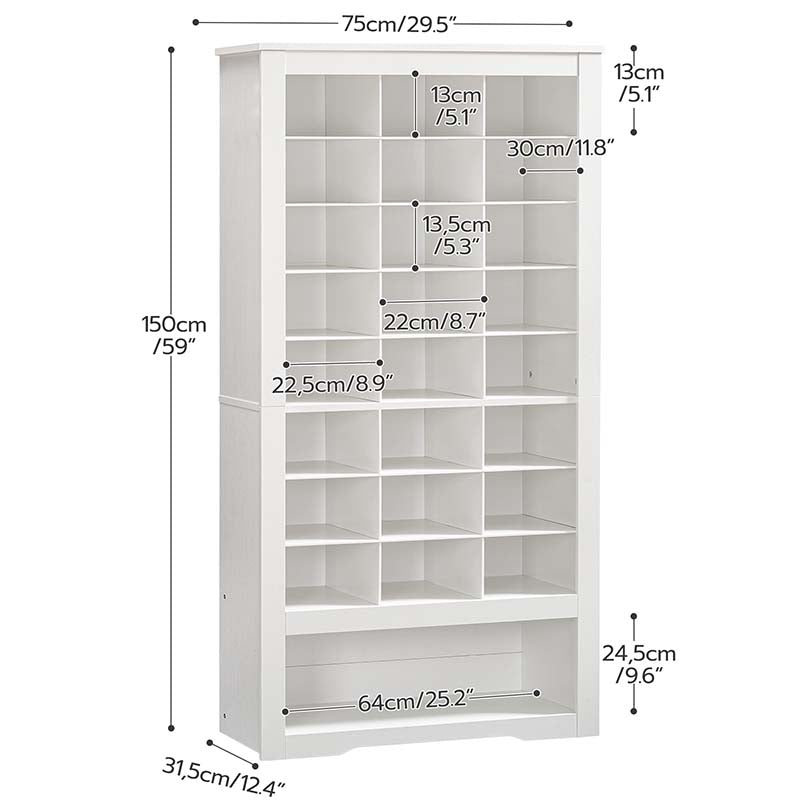 White wooden bookcase with multiple open shelves and glass-front upper doors, shown with dimension callouts and measurement lines on a white background.