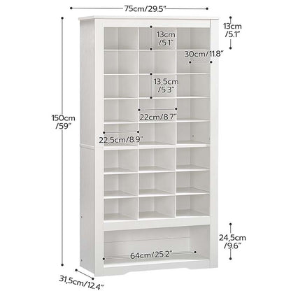 White wooden bookcase with multiple open shelves and glass-front upper doors, shown with dimension callouts and measurement lines on a white background.