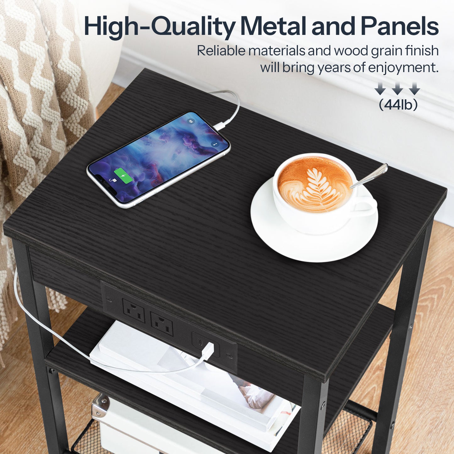 HOOBRO 3-Tier Side Table with Charging Station & USB Port