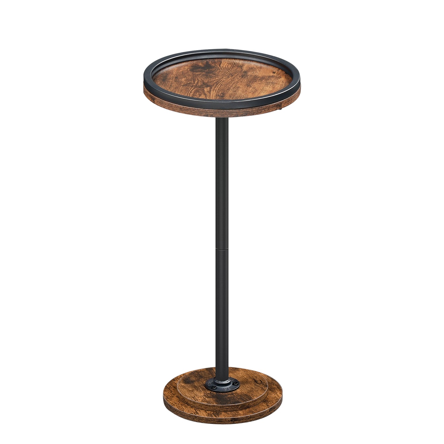 Small round table with a wooden top and base on a white background