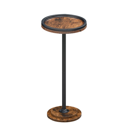 Small round table with a wooden top and base on a white background