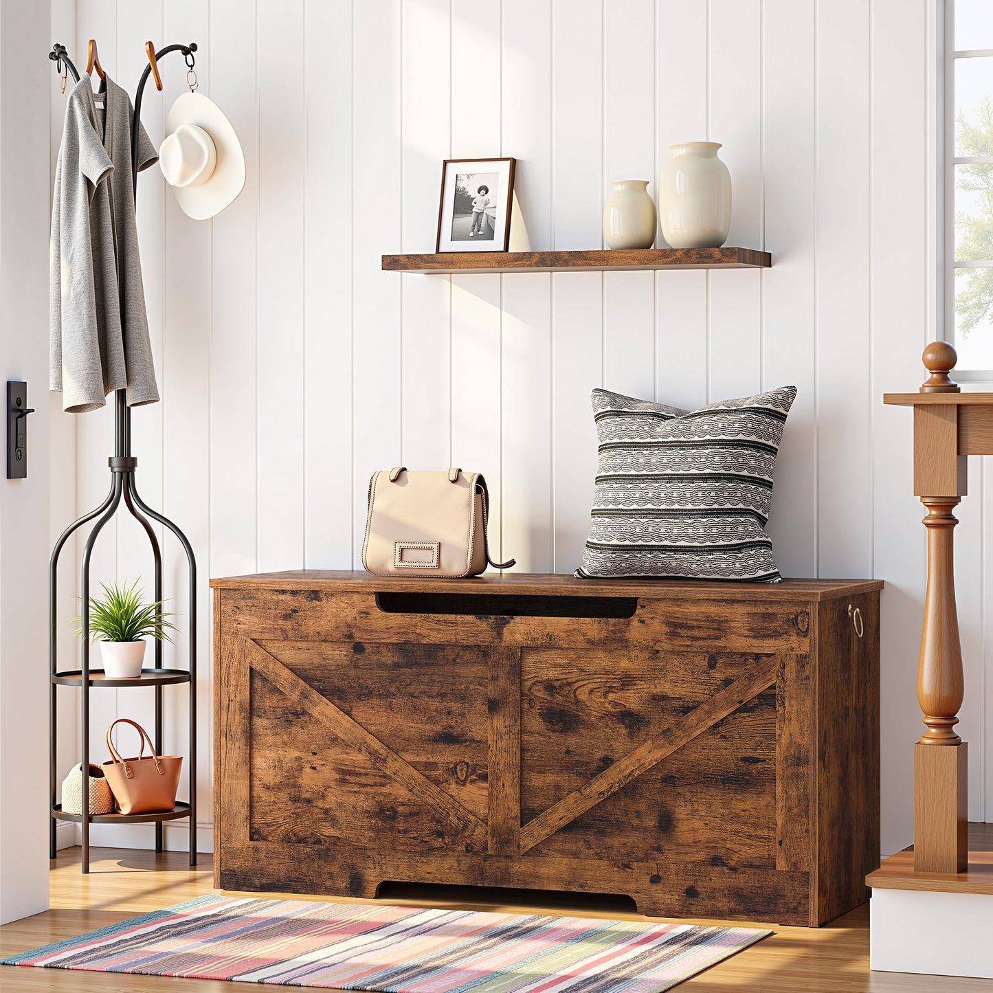HOOBRO 39.4-inch Wooden Storage Bench with Safety Hinges