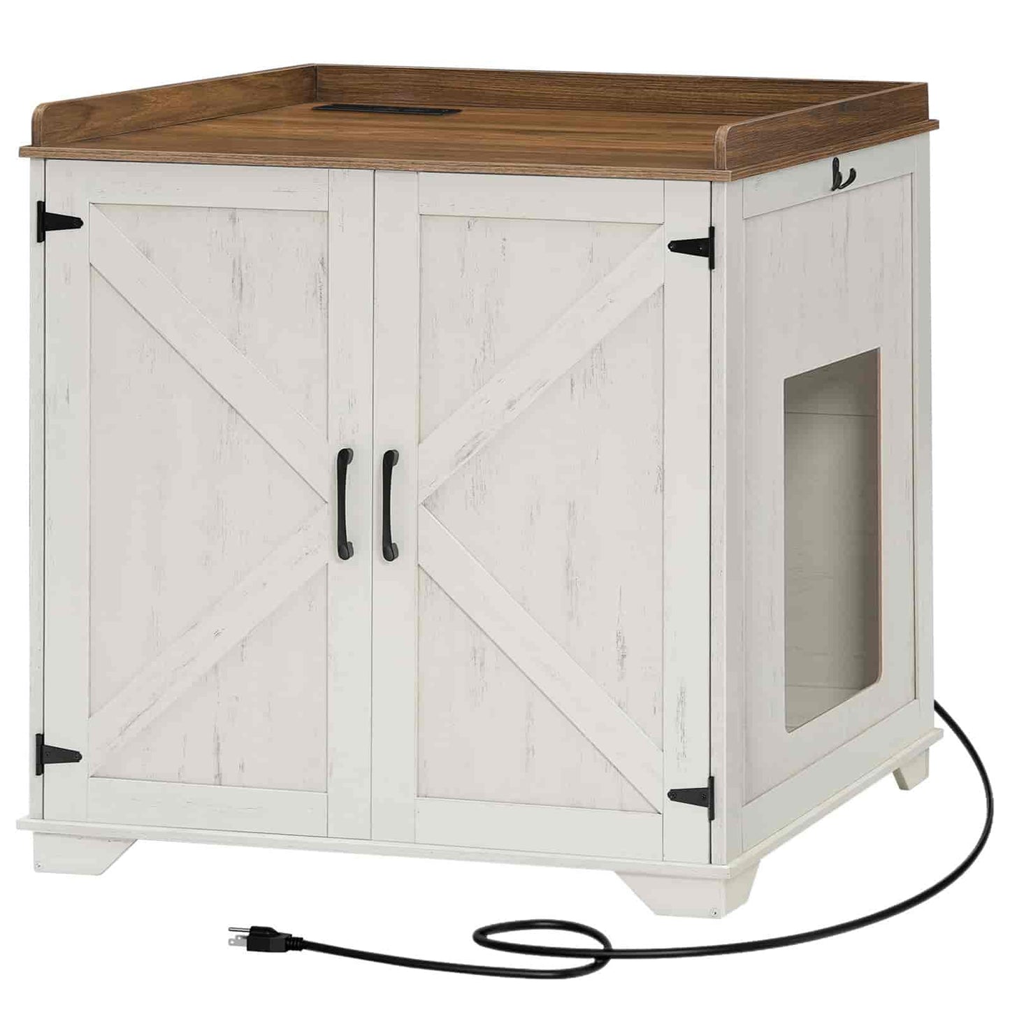 White cabinet with wooden top on a white background