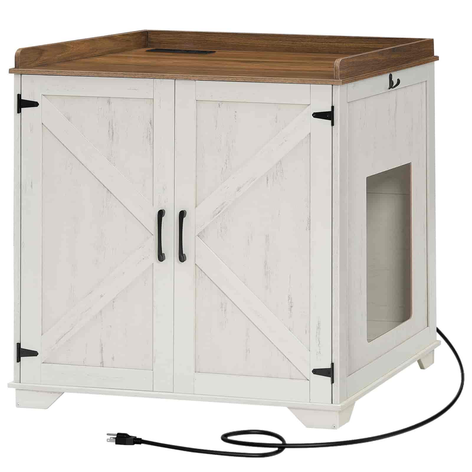 White cabinet with wooden top on a white background