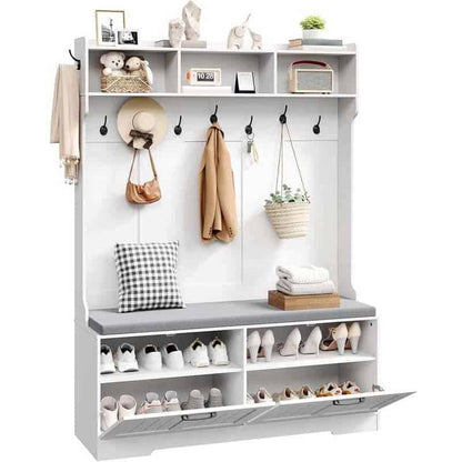 White shoe storage cabinet with shelves and hooks, displaying various items.