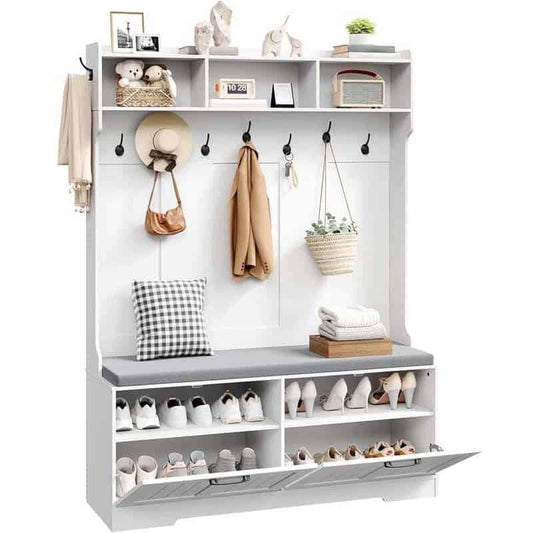 White shoe storage cabinet with shelves and hooks, displaying various items.