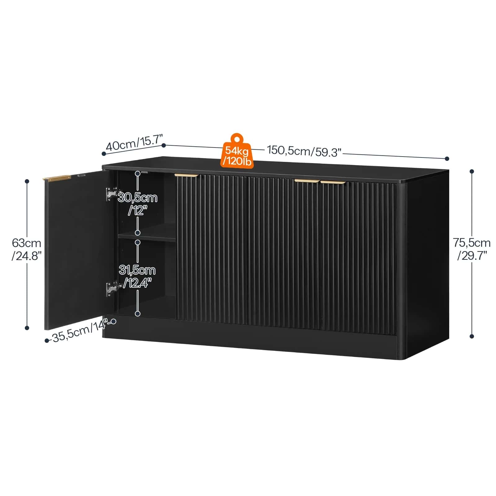 Black cabinet with dimensions labeled on a white background