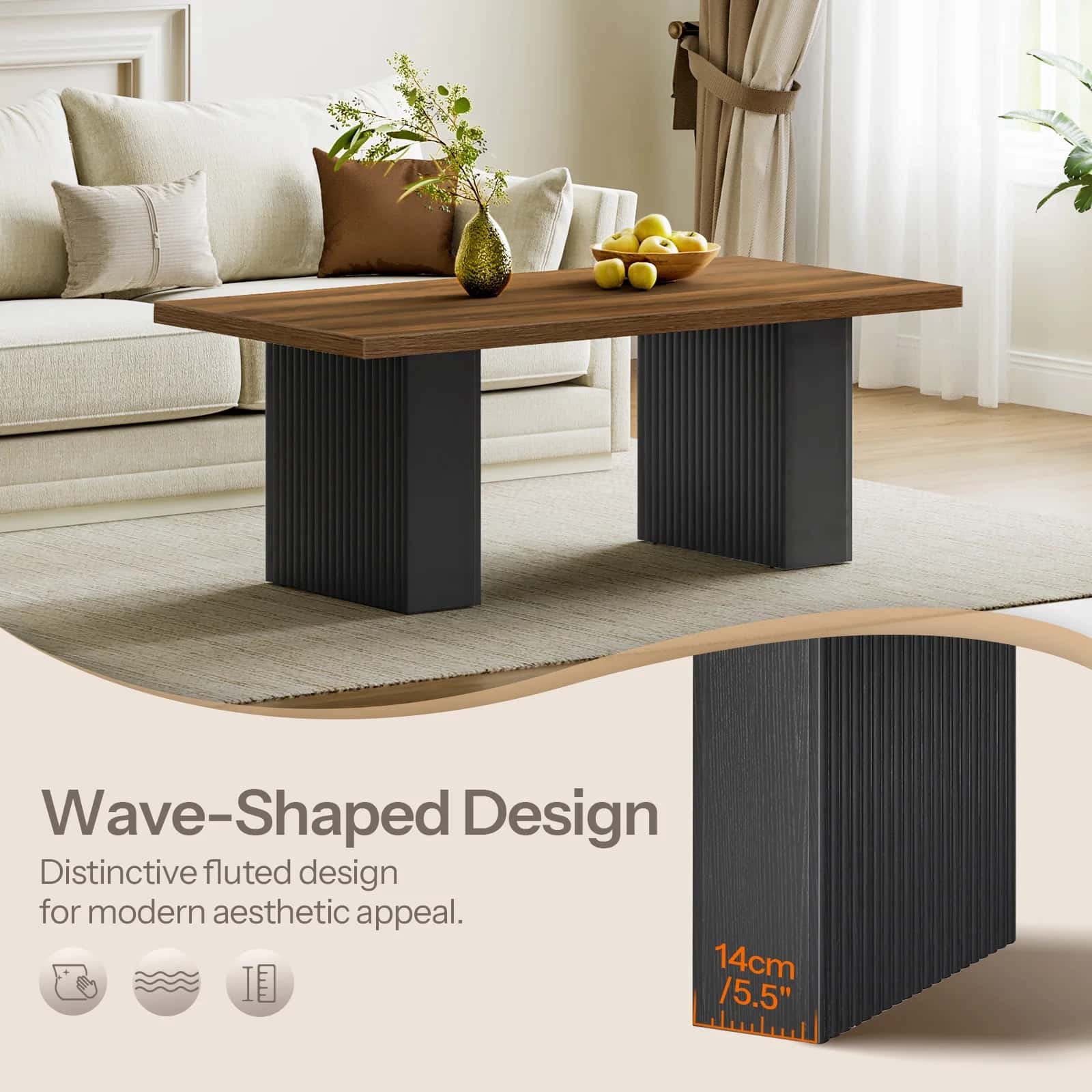 Wooden coffee table with wave-shaped design in a living room setting