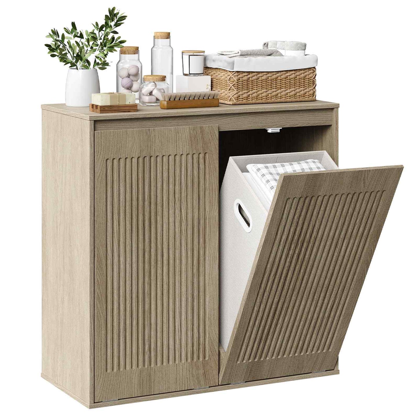 Isometric view of the 2-compartment hidden laundry basket cabinet showing one tilt-out door open with a removable liner bag.