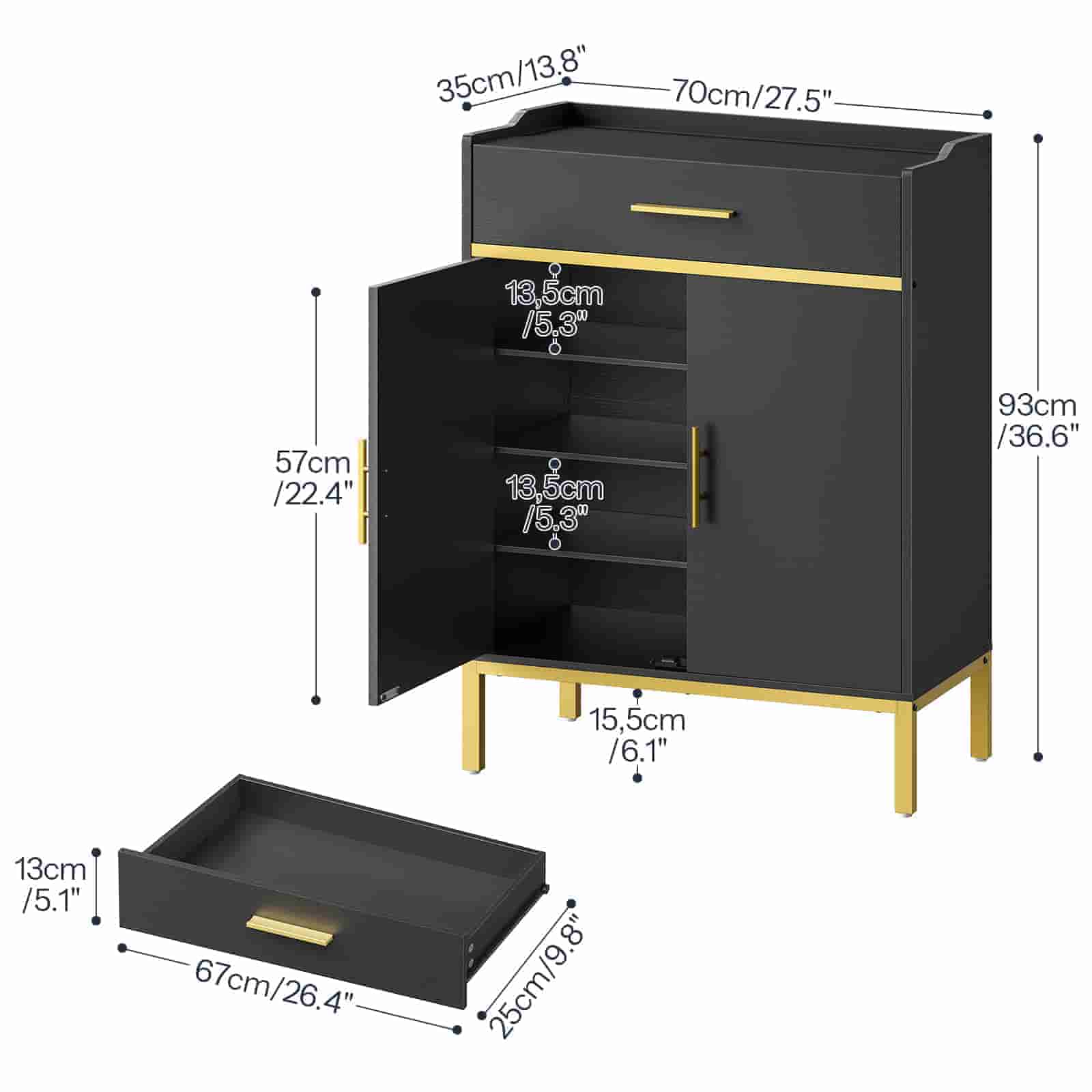 Detailed dimension chart of the black entry shoe storage tower showing height, width, and depth parameters.