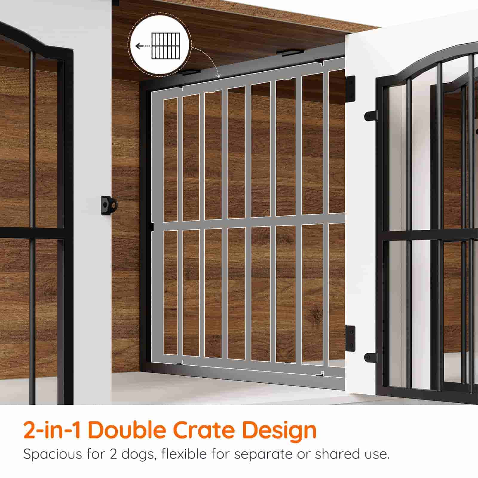 2-in-1 double crate design gate with wooden panels and black frames.