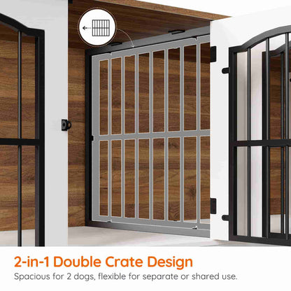 2-in-1 double crate design gate with wooden panels and black frames.