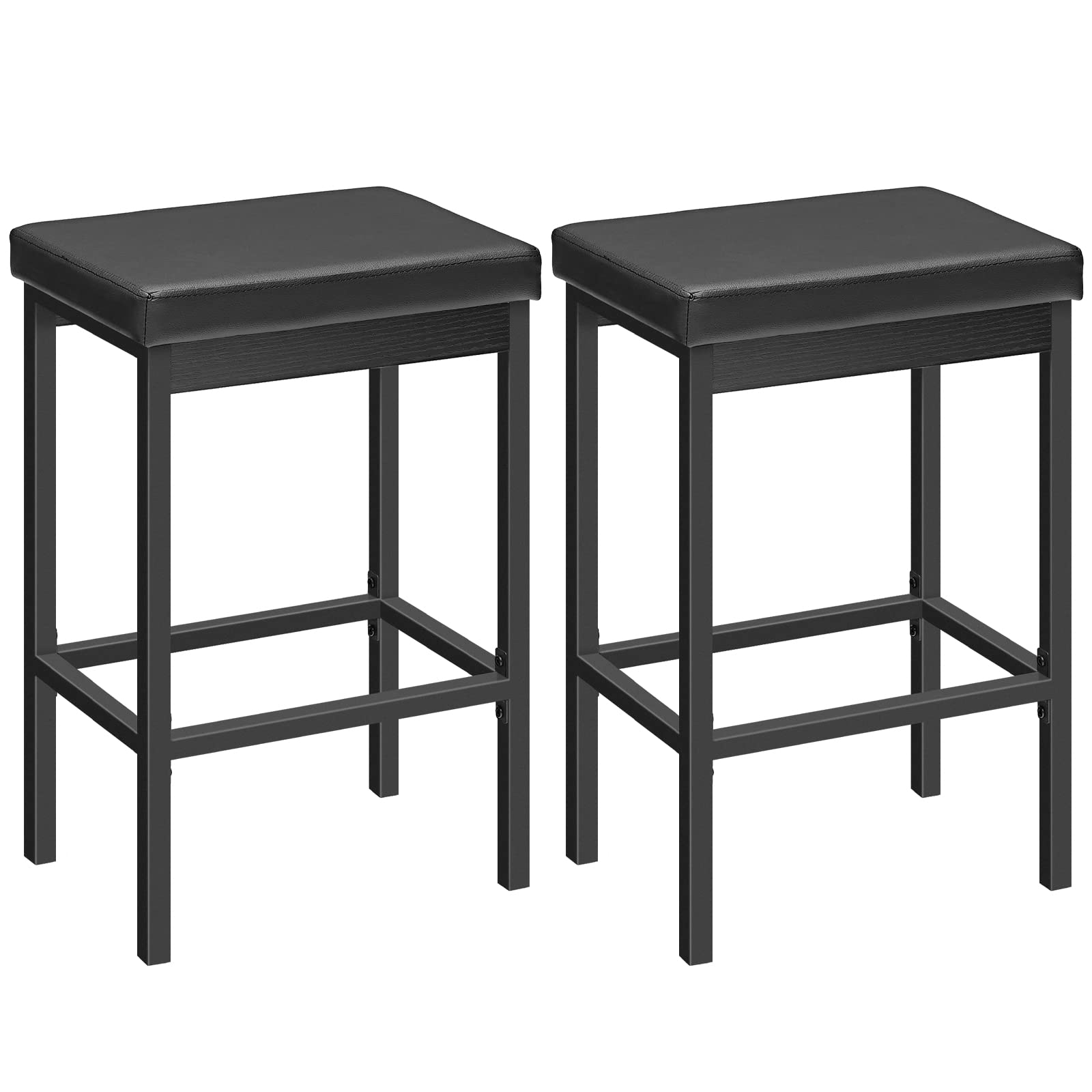 Pair of upholstered counter height bar stools in sleek black with durable metal legs.