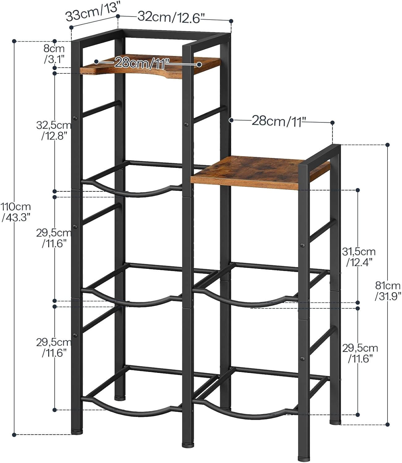 Detailed size chart for the 2-row water bottle rack measuring 25.2 by 13 by 43.3 inches.