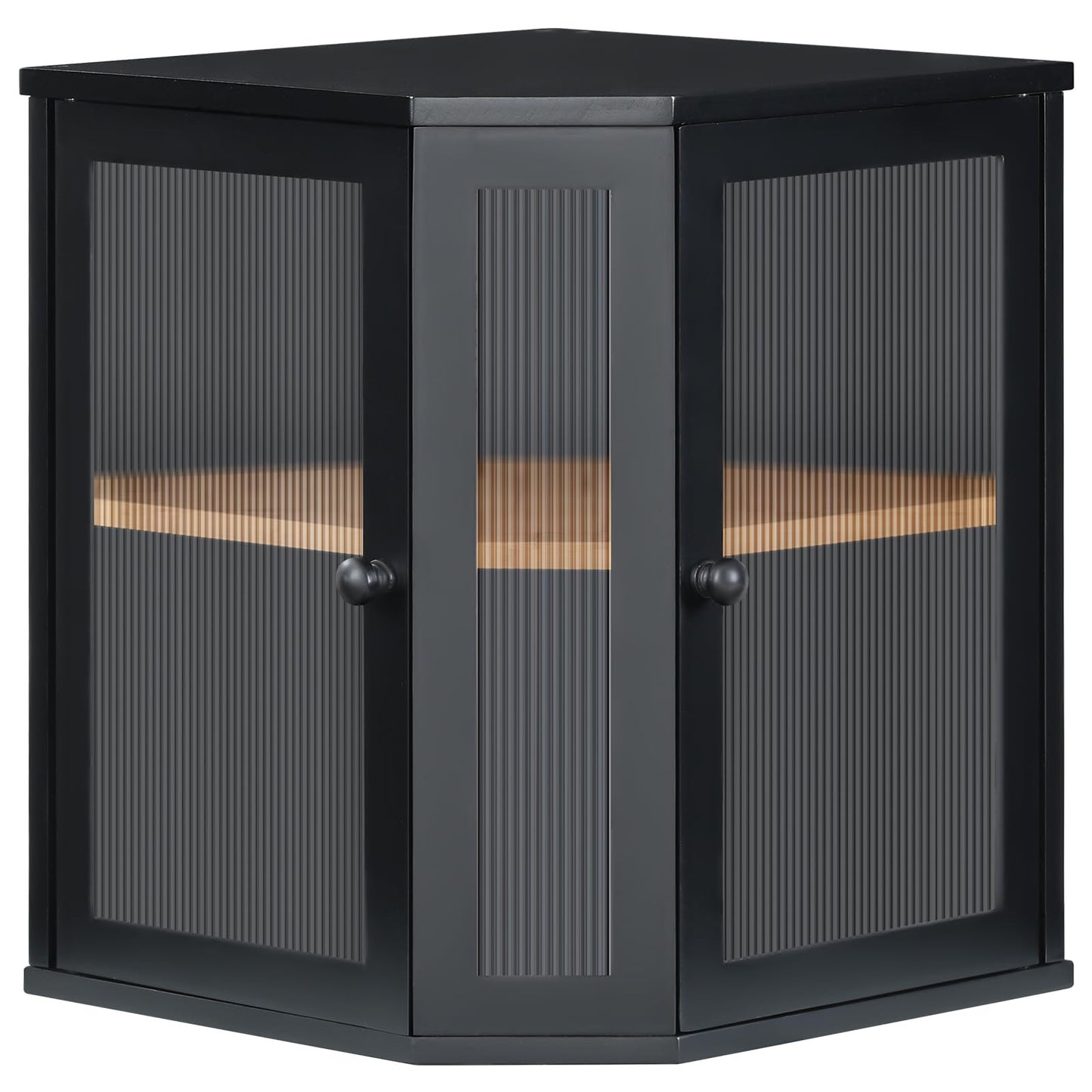 Front view of a 2-tier black corner bread bin featuring stylish fluted glass double doors.