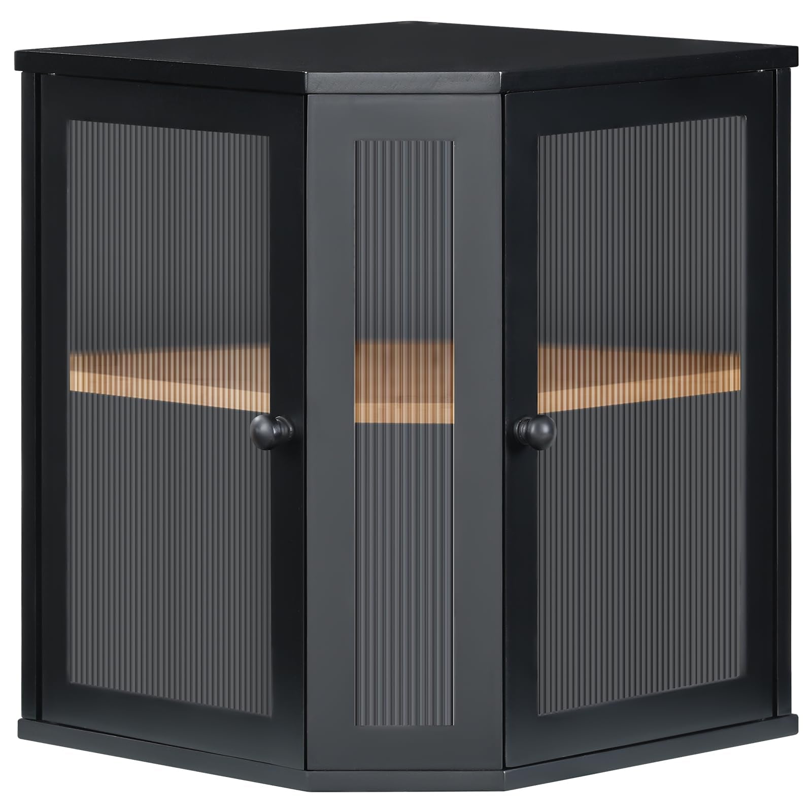 Front view of a 2-tier black corner bread bin featuring stylish fluted glass double doors.