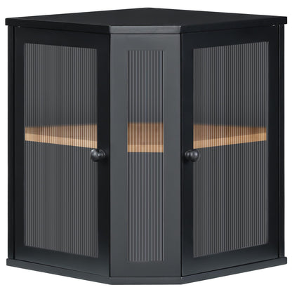 Front view of a 2-tier black corner bread bin featuring stylish fluted glass double doors.