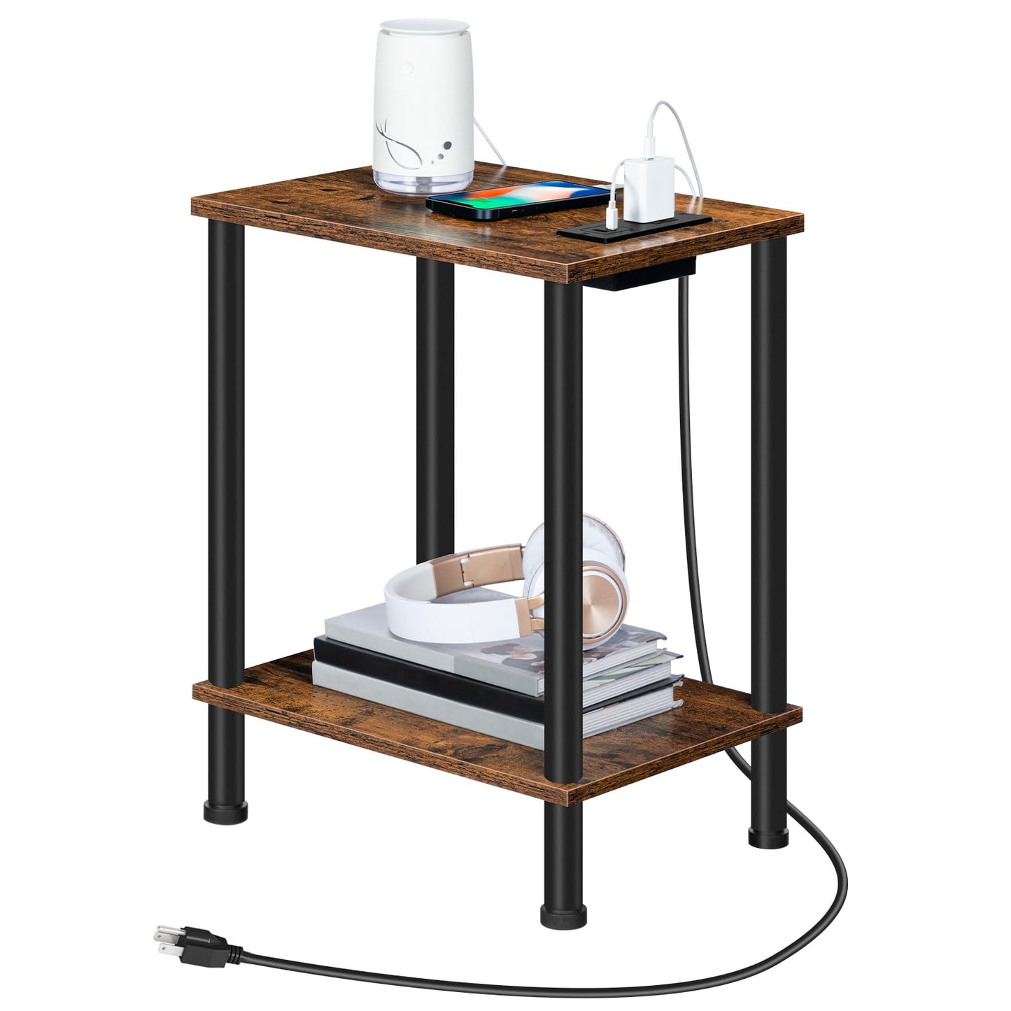 2-tier industrial end table with a rustic brown wood top and built-in outlets holding a speaker on a white background.