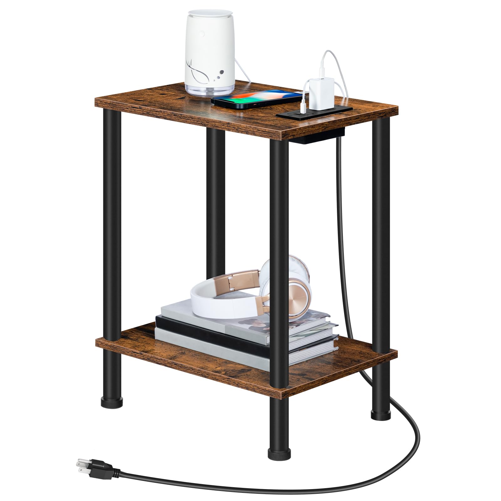 2-tier industrial end table with a rustic brown wood top and built-in outlets holding a speaker on a white background.