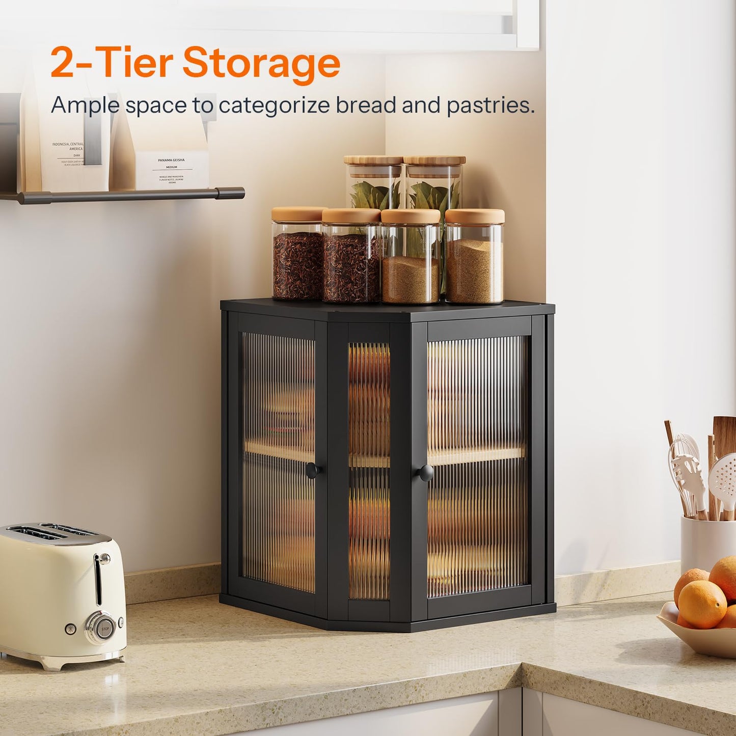 2-tier kitchen countertop storage cabinet holding jars and food items to save corner space.