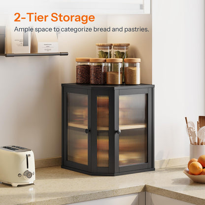 2-tier kitchen countertop storage cabinet holding jars and food items to save corner space.