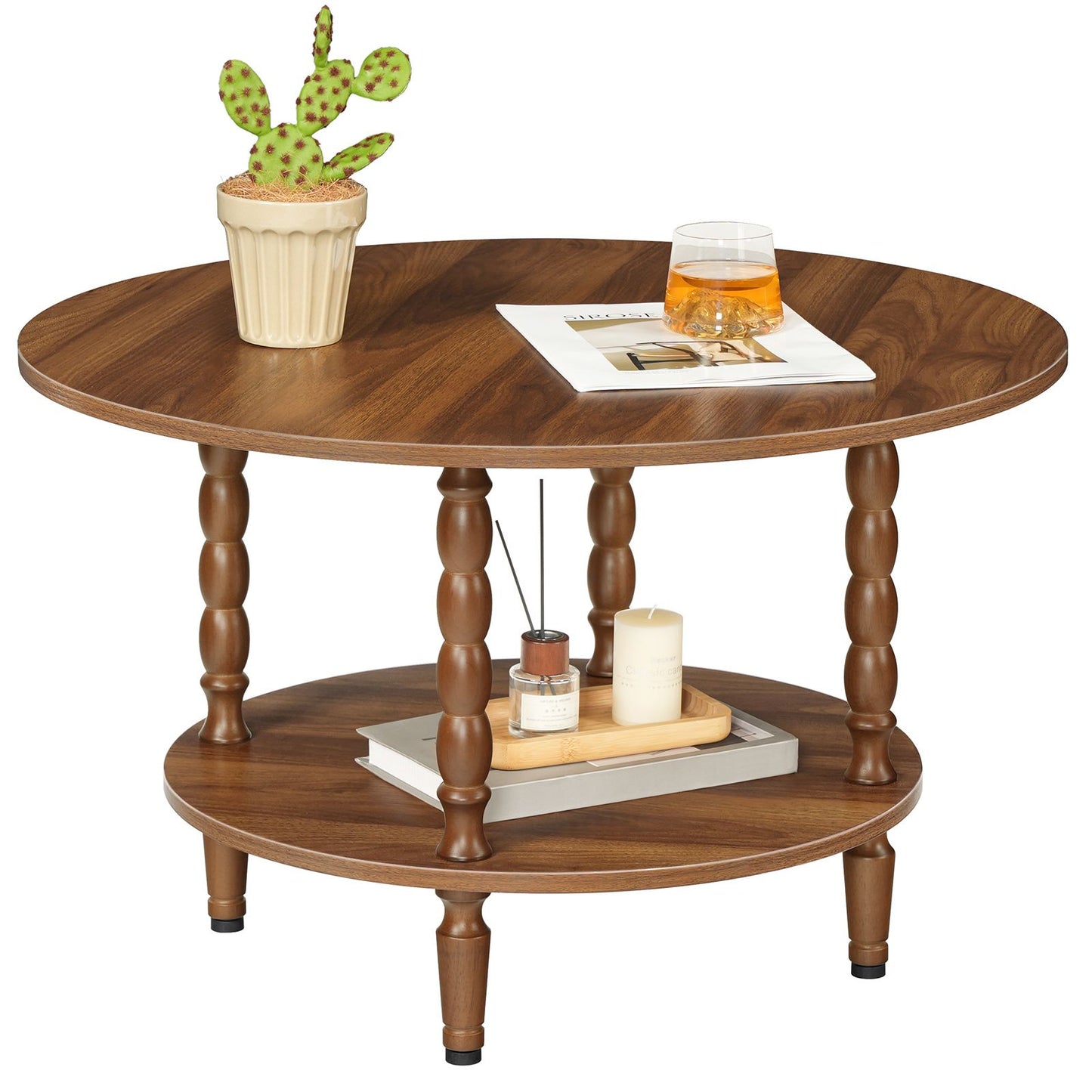 Isometric view of the 2-tier wooden round coffee table holding books, a cactus planter, and a drink.