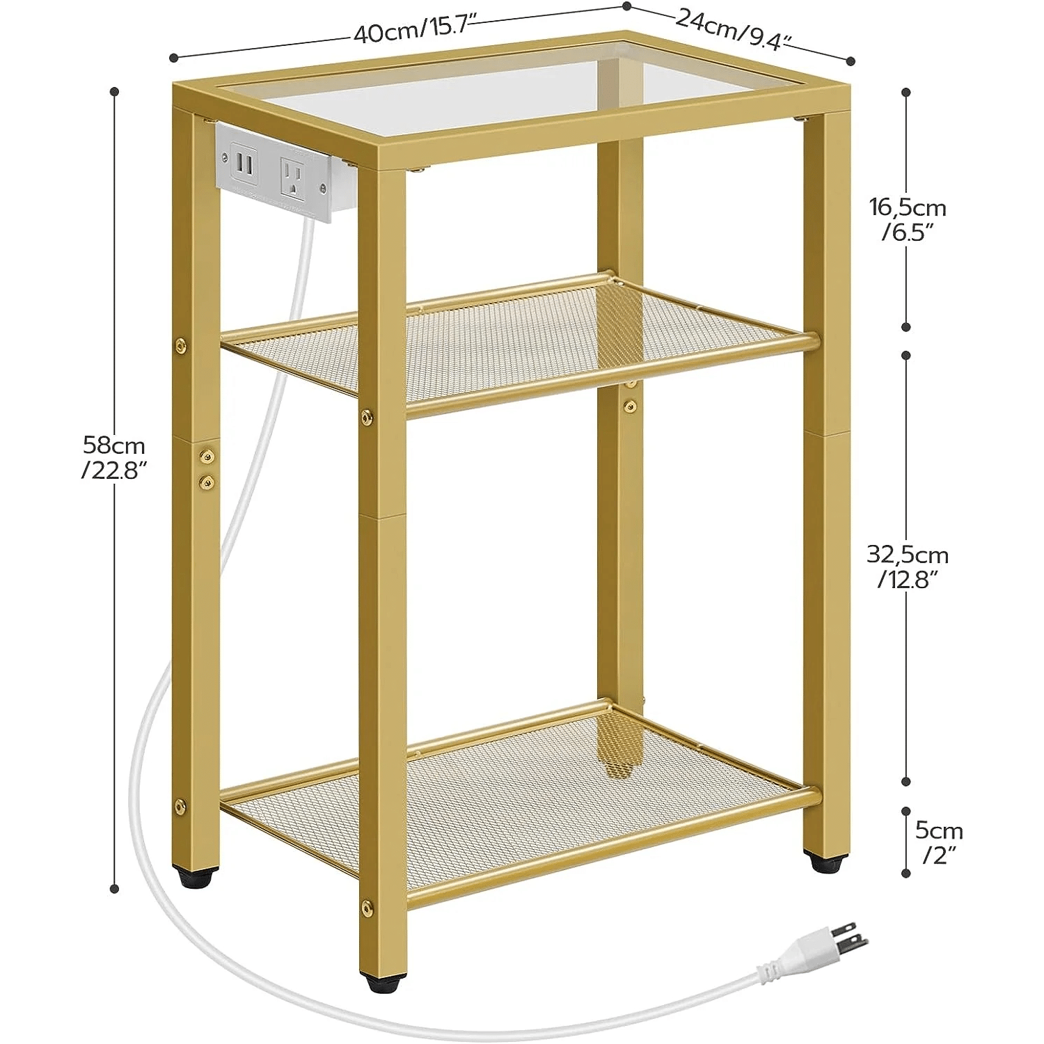 Gold metal side table with dimensions labeled on a white background