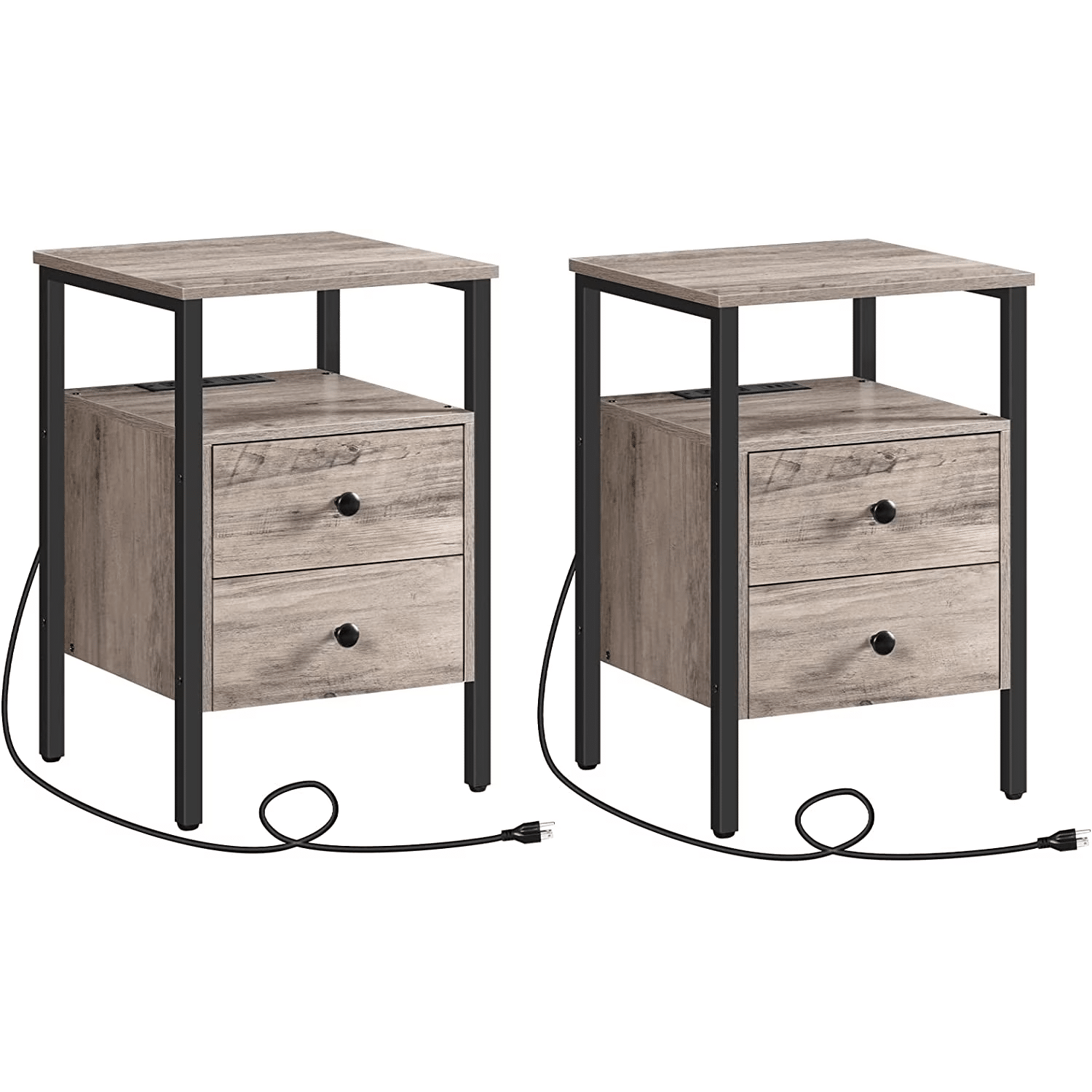 Two wooden nightstands with drawers and black metal legs on a white background